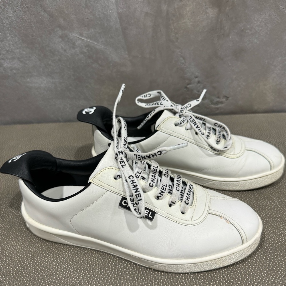 Chanel White Black Leather Tennis Weekender Sneakers CHANEL Cruise